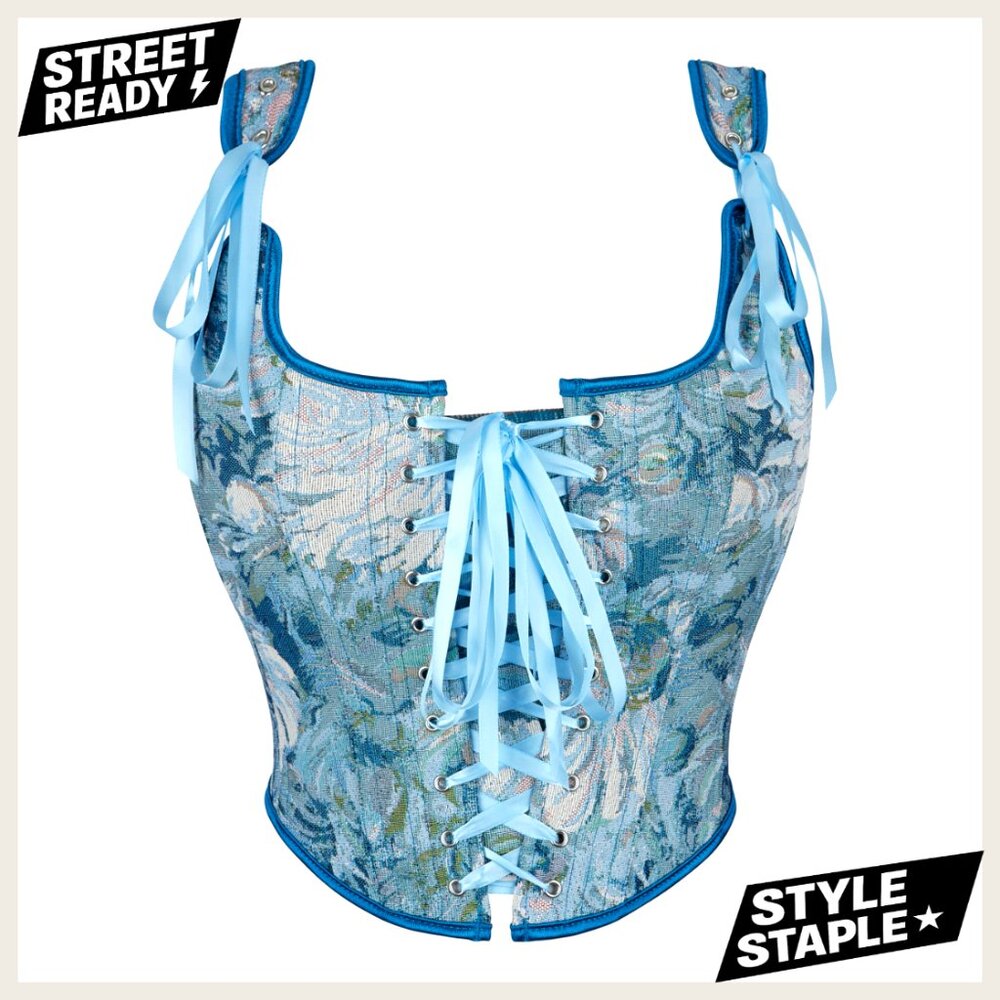 Vintage Renaissance Floral Corset Top Sleeveless Drawstring Bustier Crop